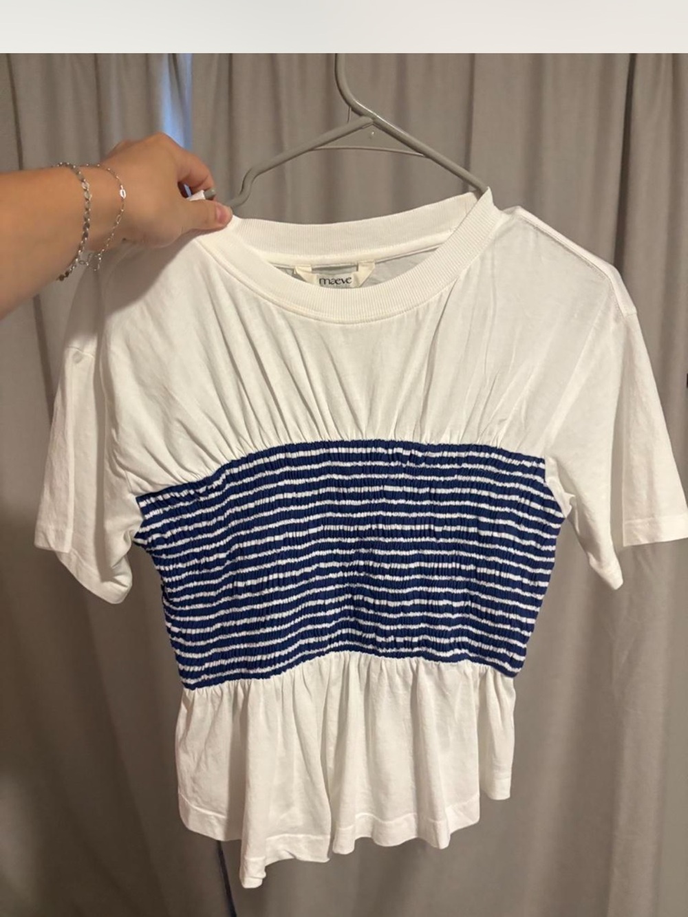 Maeve White Tee with Blue Striped Smocked Panel -XS